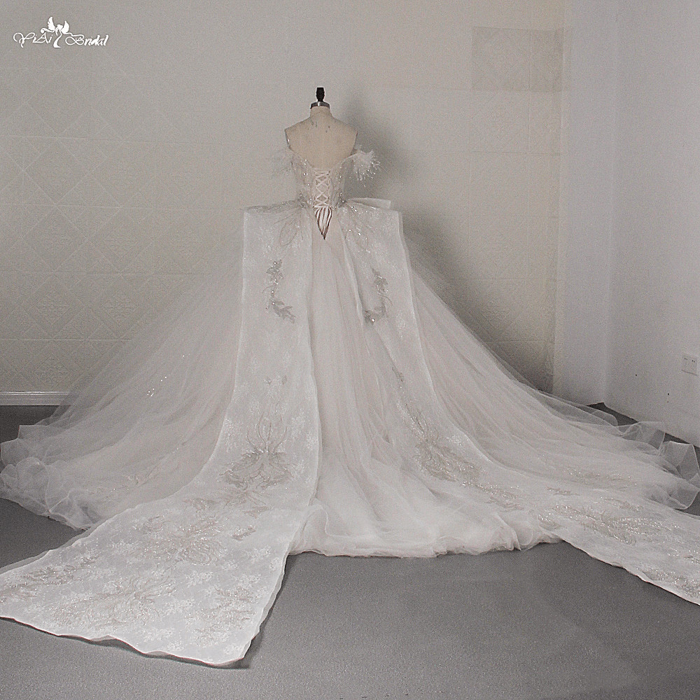 LZ453 Luxury Sweetheart Neck Off The Shoulder Glitter Lace Long Wedding Dress Heavy Bead Shiny Pearls Ruched Bridal Gown 9