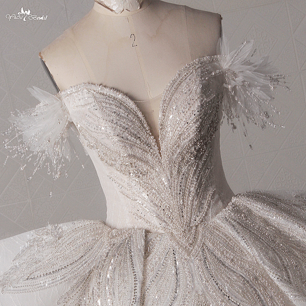 LZ453 Luxury Sweetheart Neck Off The Shoulder Glitter Lace Long Wedding Dress Heavy Bead Shiny Pearls Ruched Bridal Gown 10