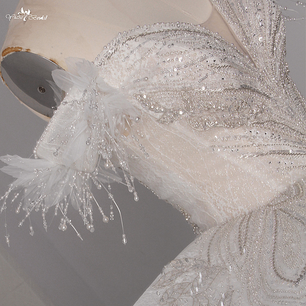 LZ453 Luxury Sweetheart Neck Off The Shoulder Glitter Lace Long Wedding Dress Heavy Bead Shiny Pearls Ruched Bridal Gown 12