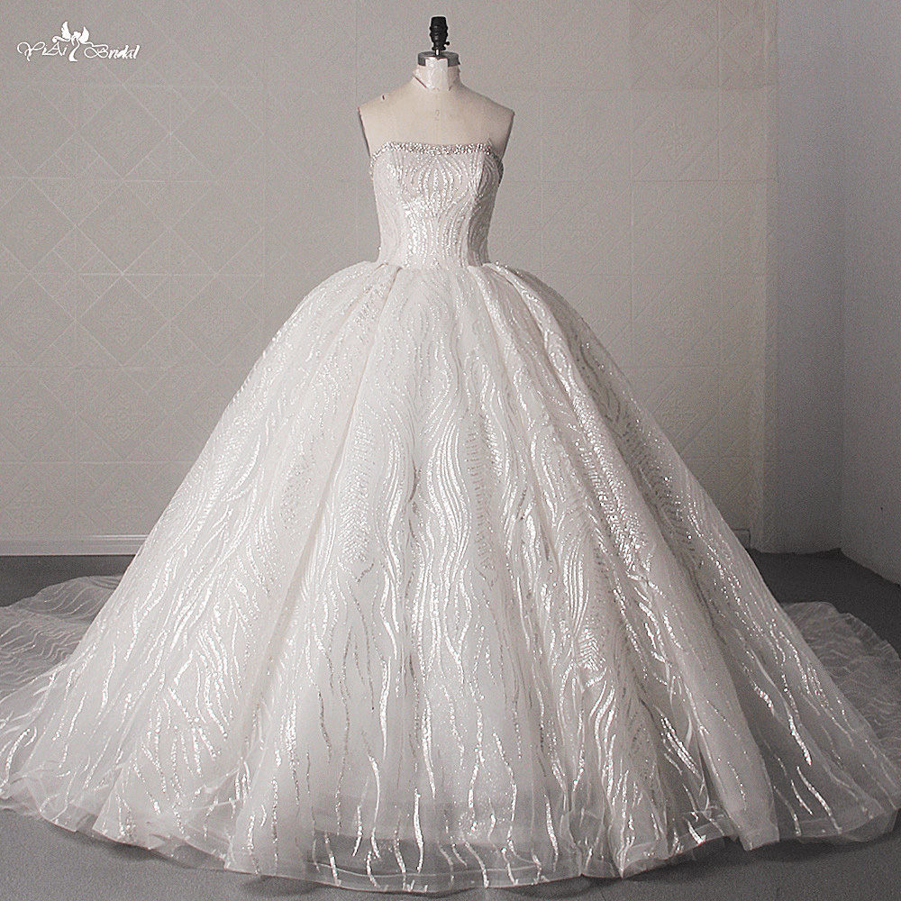 LZ452 Elegant Boat Neck Sleeveless Glitter Lace Wedding Dress Luxury Crystal Cathedral Train Bridal Gown 7