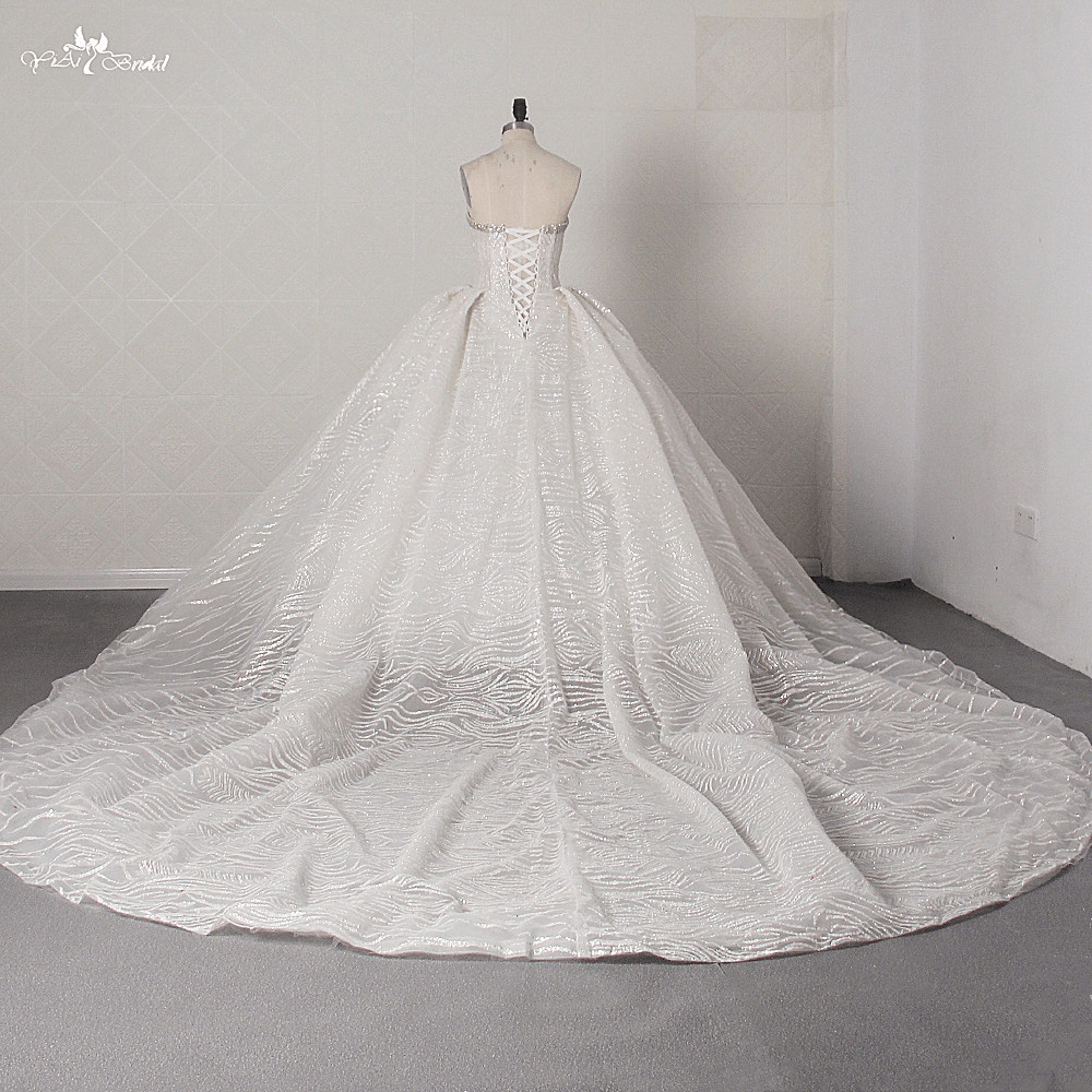 LZ452 Elegant Boat Neck Sleeveless Glitter Lace Wedding Dress Luxury Crystal Cathedral Train Bridal Gown 9