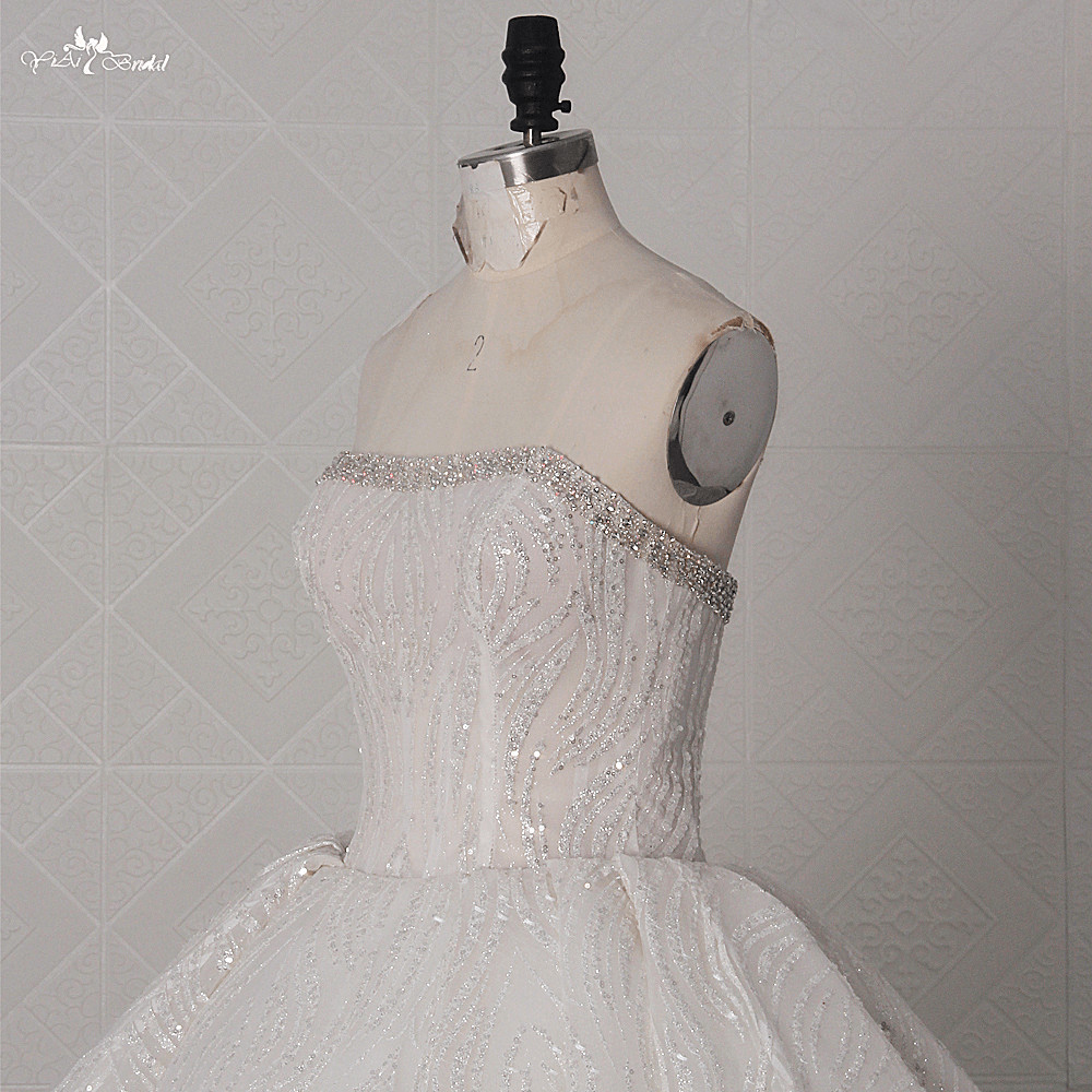 LZ452 Elegant Boat Neck Sleeveless Glitter Lace Wedding Dress Luxury Crystal Cathedral Train Bridal Gown 10