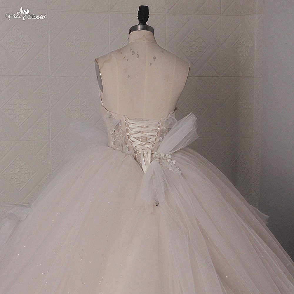 LZ451 Light Pink Sweetheart Neck Sleeveless Ivory Flowers Cathedral Train Wedding Dress Big Tulle Bow Fluffy Shiny 12