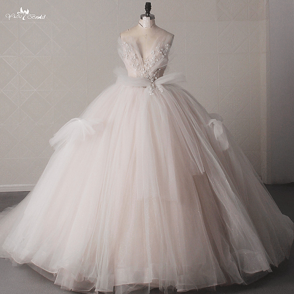 LZ451 Light Pink Sweetheart Neck Sleeveless Ivory Flowers Cathedral Train Wedding Dress Big Tulle Bow Fluffy Shiny 9