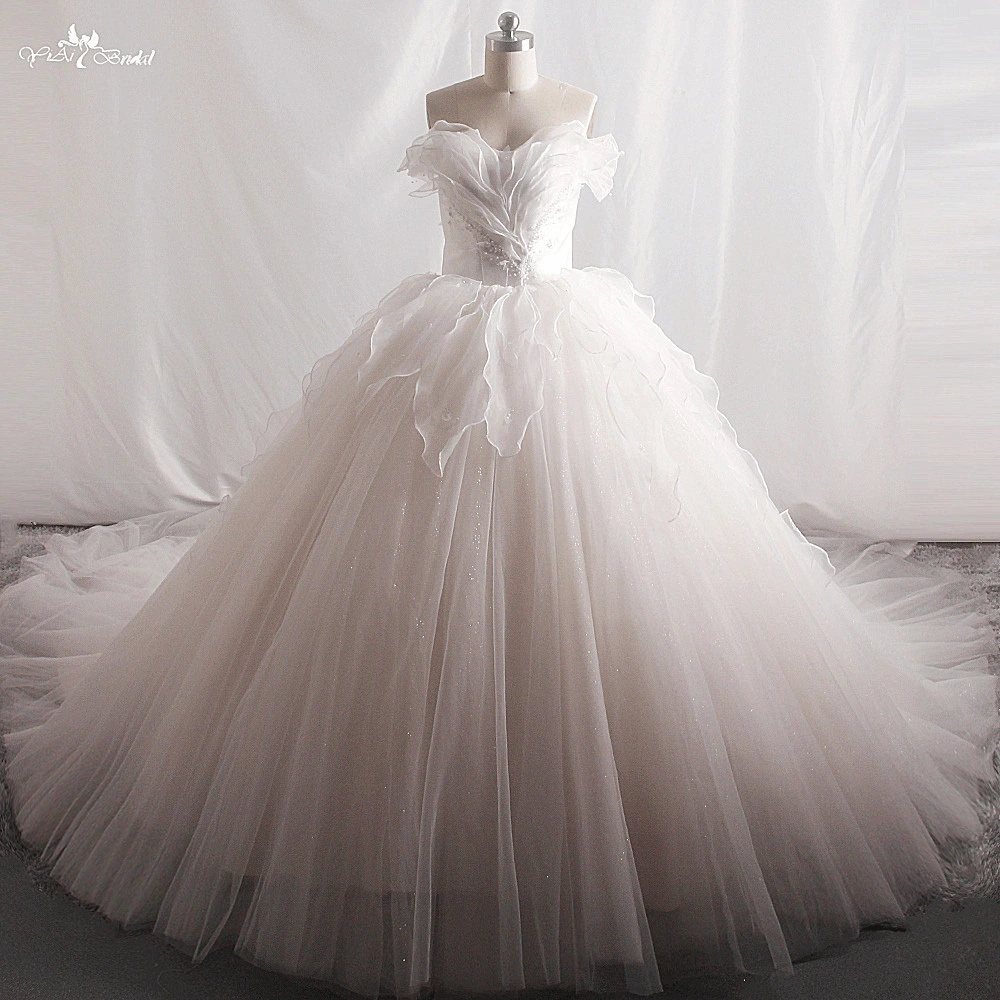 LZ444 Светлое свадебное платье цвета шампанского с вырезом сердечком без рукавов из блестящего тюля, бальное платье с кристаллами и соборным шлейфом 1