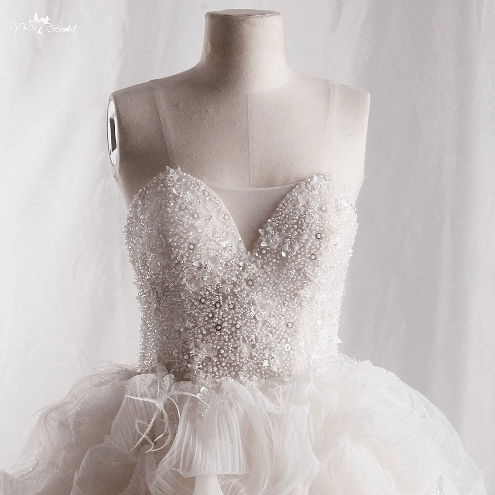 LZ435 Luxury Sweetheart Beading Crystal Sleeveless Wedding Dress Ruffles Feather Ball Gown Cathedral Train 11