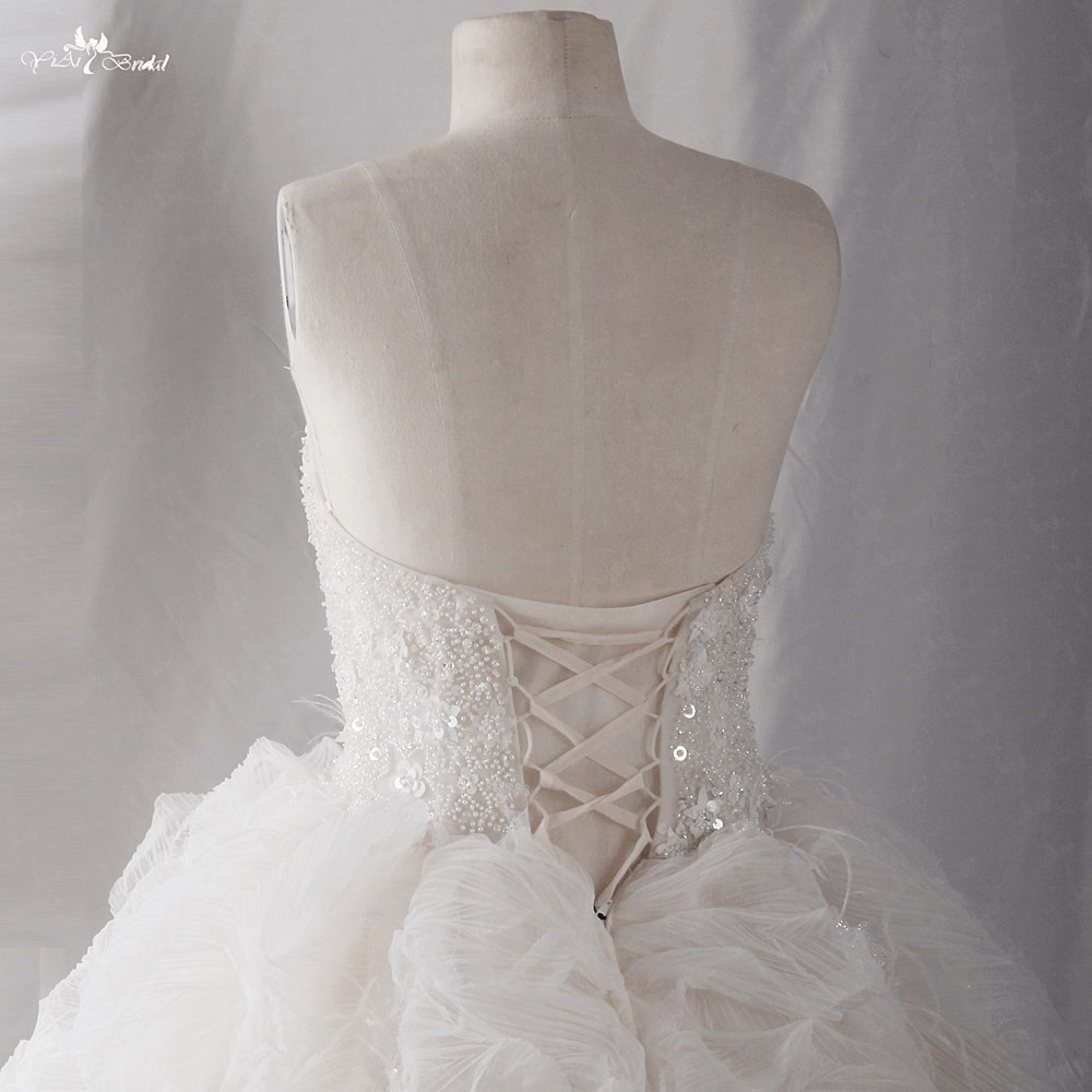 LZ435 Luxury Sweetheart Beading Crystal Sleeveless Wedding Dress Ruffles Feather Ball Gown Cathedral Train 12