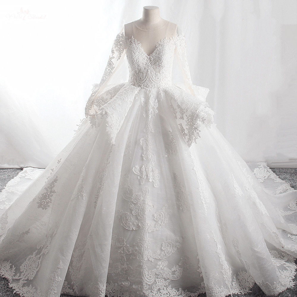 LZ417 Vintage O neck Long Sleeve Ruched Wedding Dress Luxury Beaded Crystal Lace Ball Gown Plus Size Vestido De Noiva 7