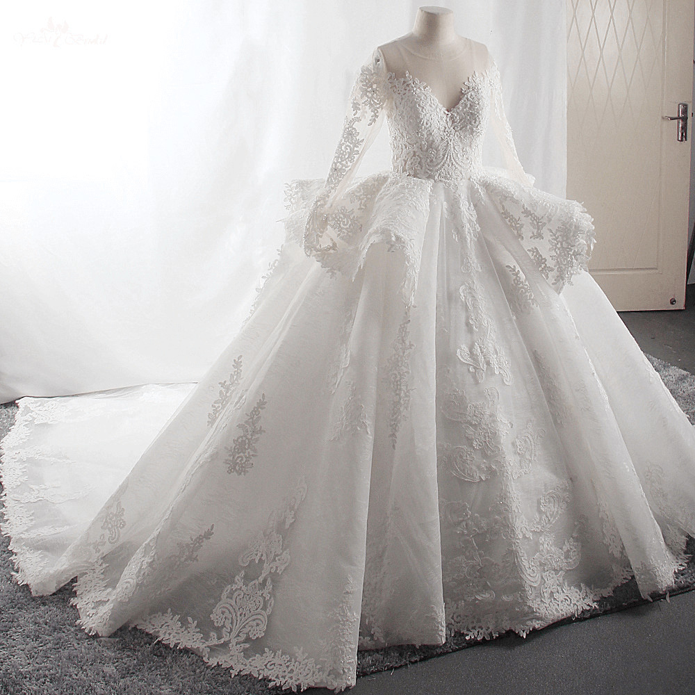 LZ417 Vintage O neck Long Sleeve Ruched Wedding Dress Luxury Beaded Crystal Lace Ball Gown Plus Size Vestido De Noiva 12