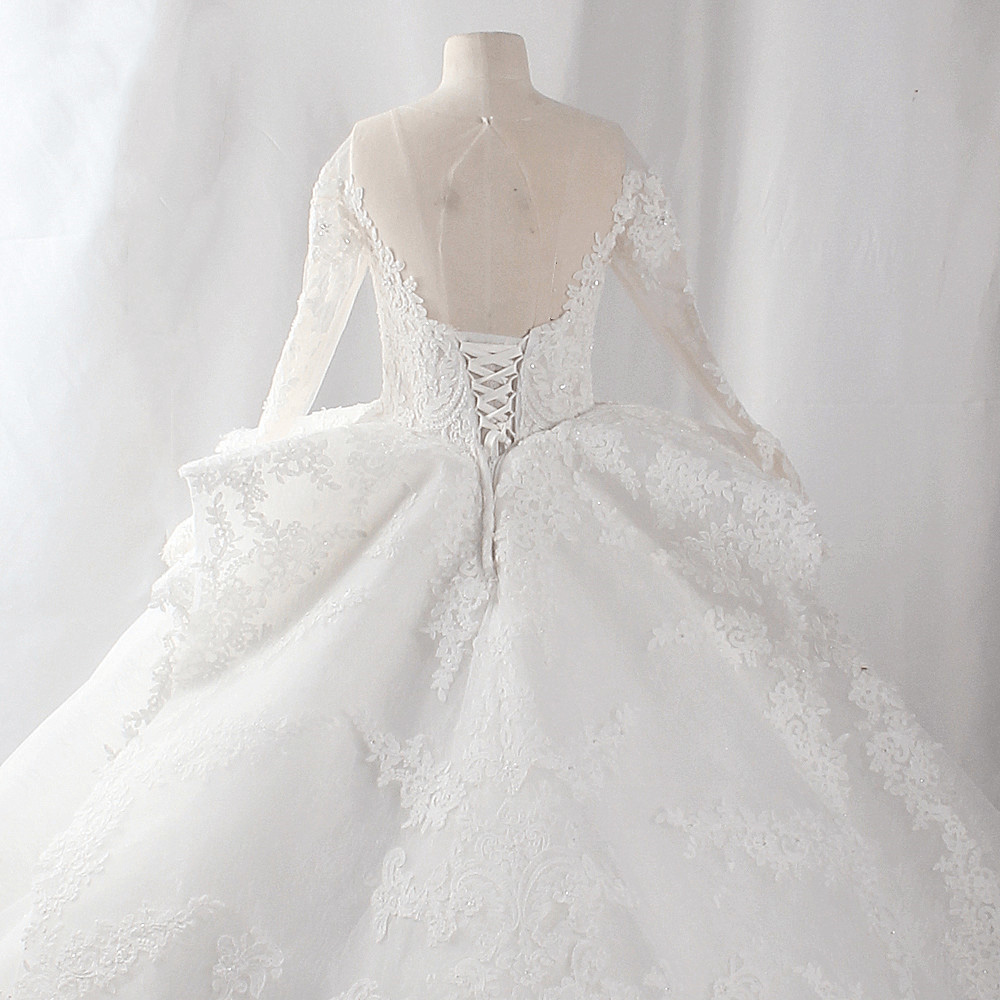 LZ417 Vintage O neck Long Sleeve Ruched Wedding Dress Luxury Beaded Crystal Lace Ball Gown Plus Size Vestido De Noiva 11