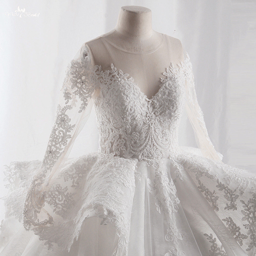 LZ417 Vintage O neck Long Sleeve Ruched Wedding Dress Luxury Beaded Crystal Lace Ball Gown Plus Size Vestido De Noiva 10
