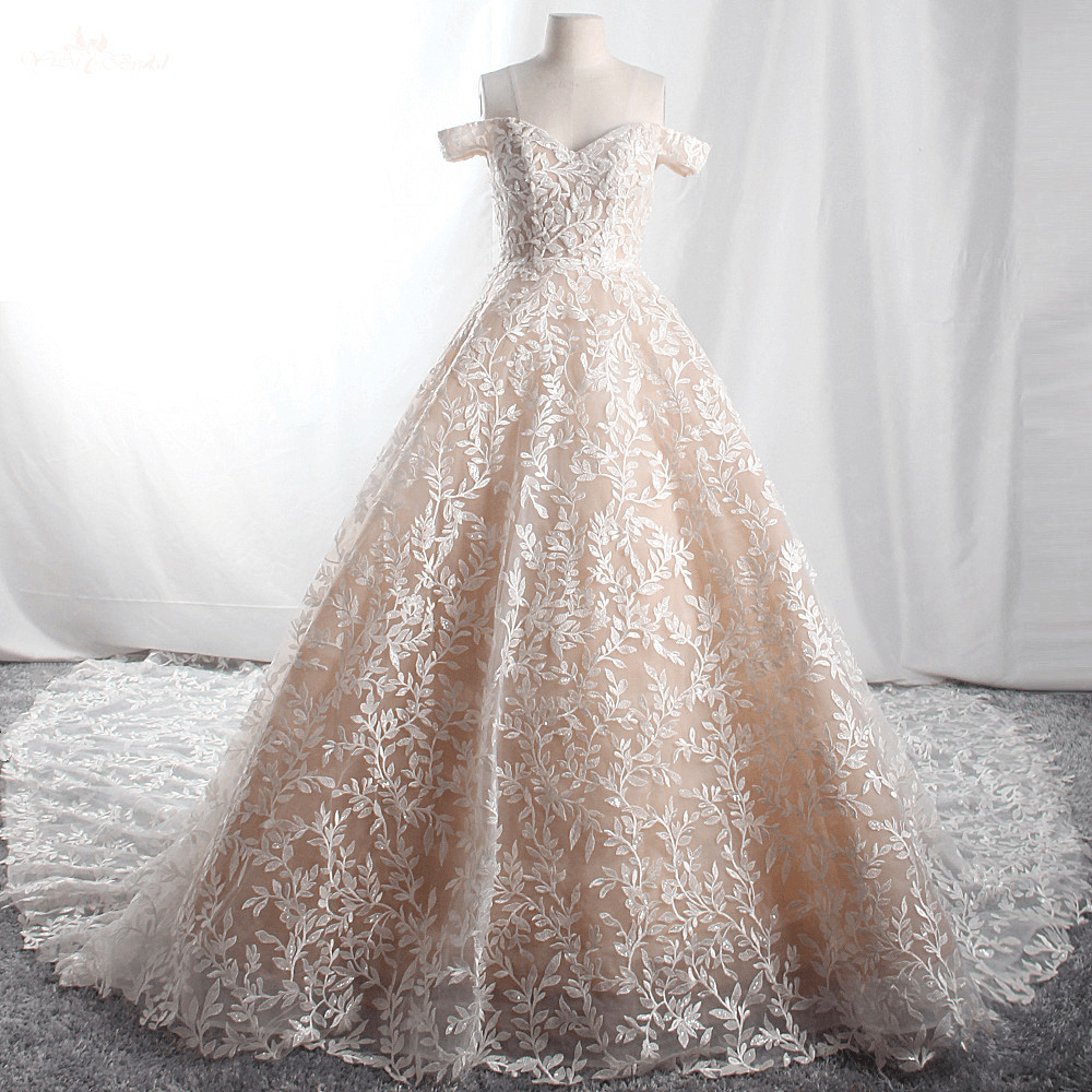 LZ415 Exquisite Lace Beaded Pearls Champagne Wedding Dress Sweetheart Neck Off The Shoulder Long Train Bridal Gowns Plus 7