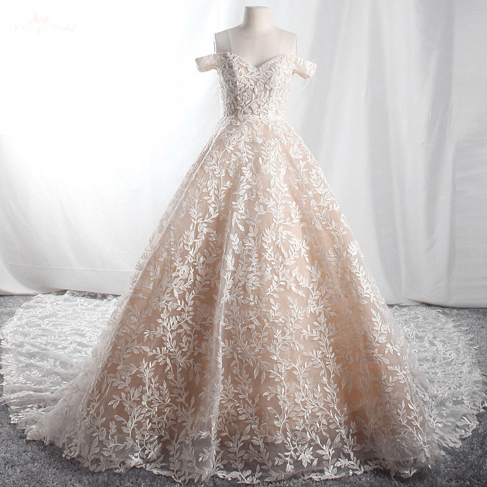 LZ415 Exquisite Lace Beaded Pearls Champagne Wedding Dress Sweetheart Neck Off The Shoulder Long Train Bridal Gowns Plus 1