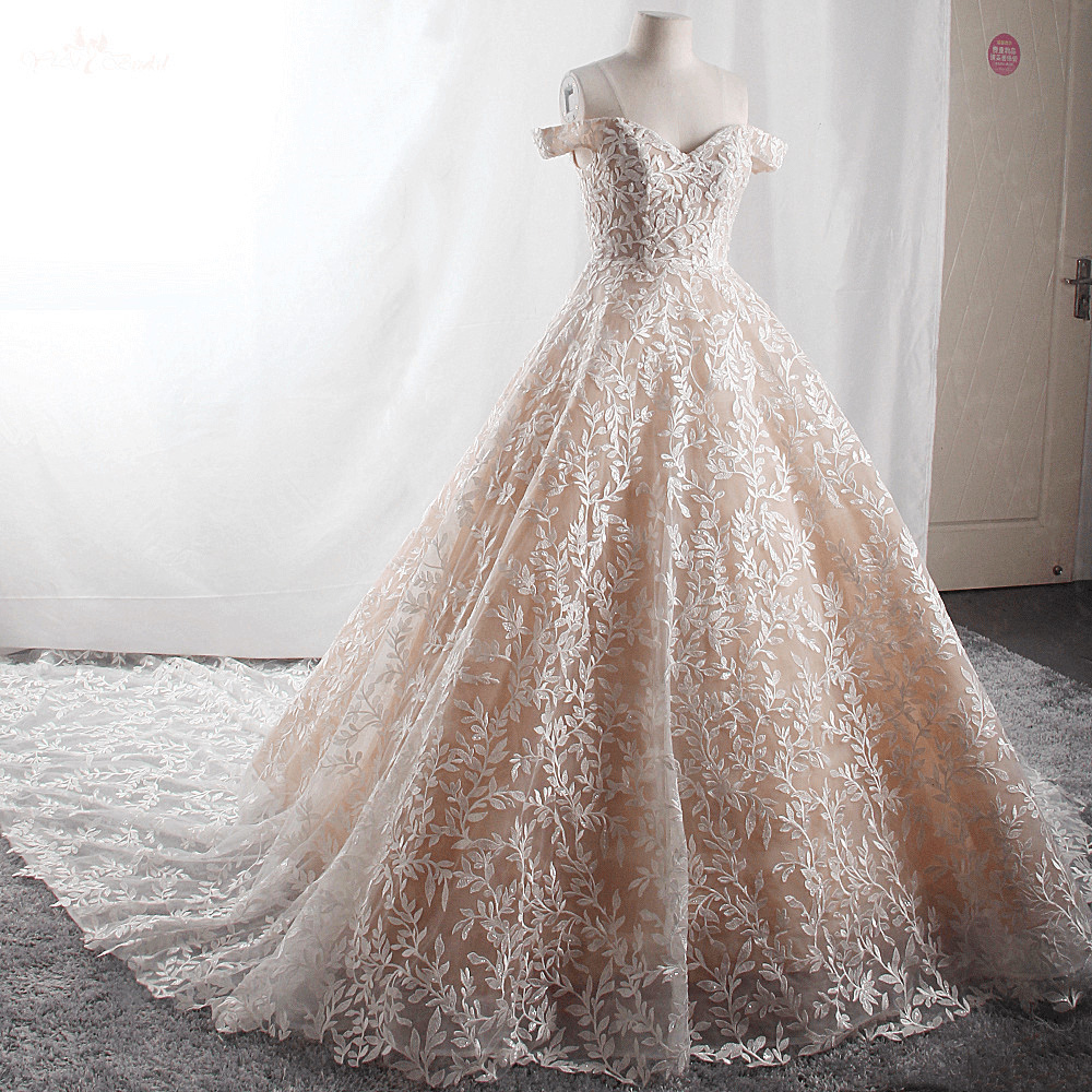 LZ415 Exquisite Lace Beaded Pearls Champagne Wedding Dress Sweetheart Neck Off The Shoulder Long Train Bridal Gowns Plus 8