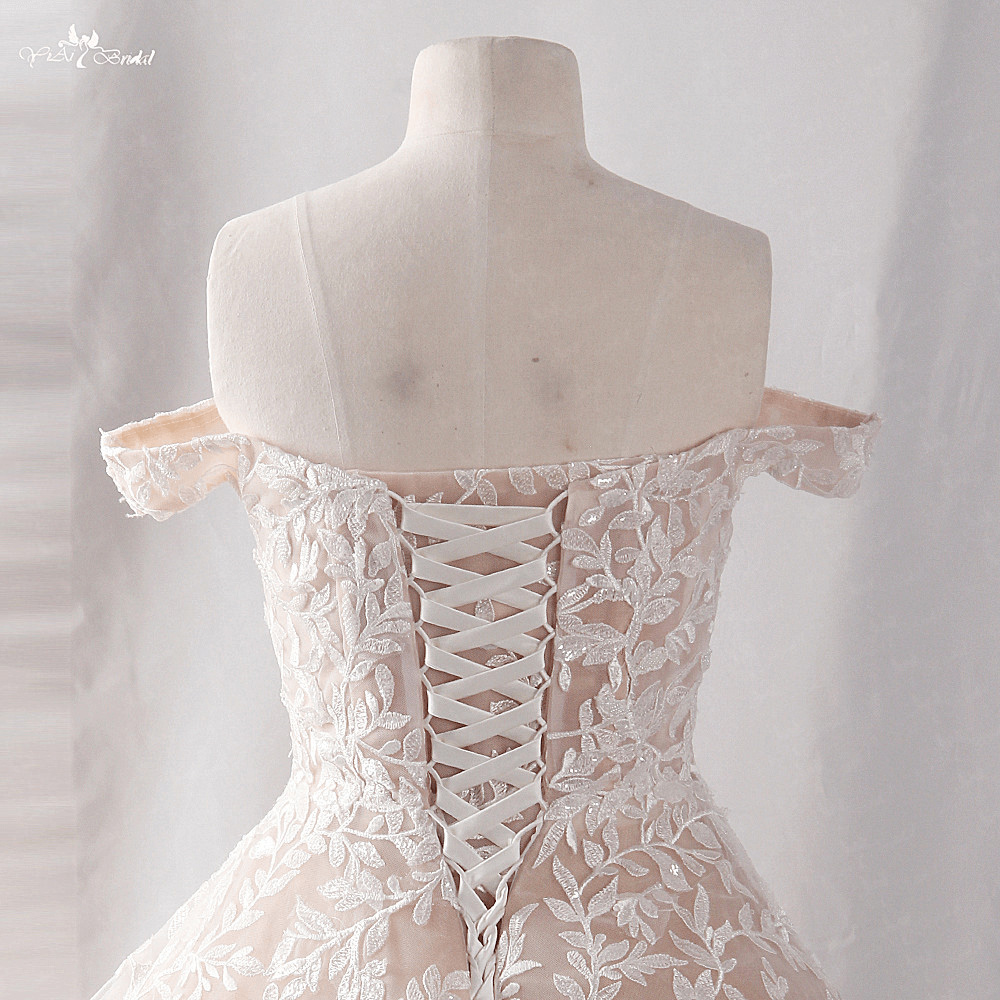 LZ415 Exquisite Lace Beaded Pearls Champagne Wedding Dress Sweetheart Neck Off The Shoulder Long Train Bridal Gowns Plus 12