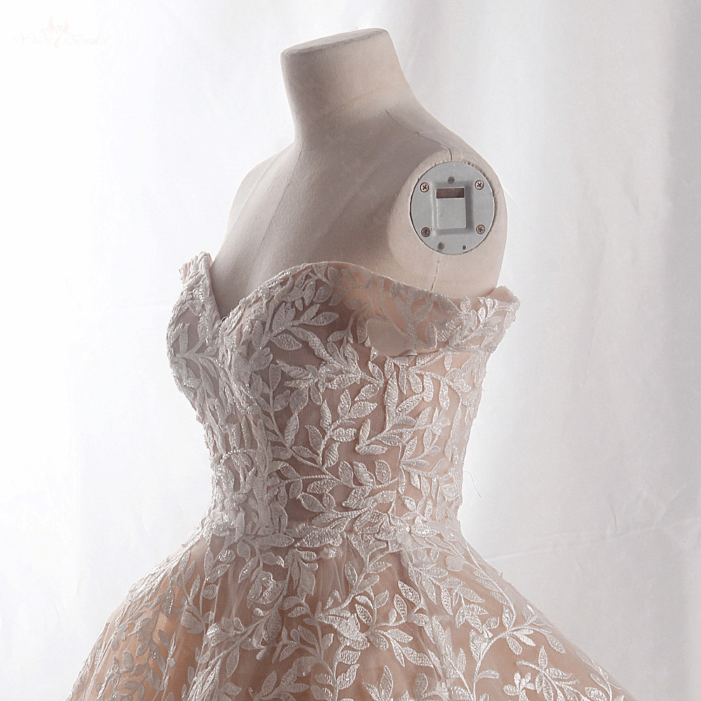 LZ415 Exquisite Lace Beaded Pearls Champagne Wedding Dress Sweetheart Neck Off The Shoulder Long Train Bridal Gowns Plus 11