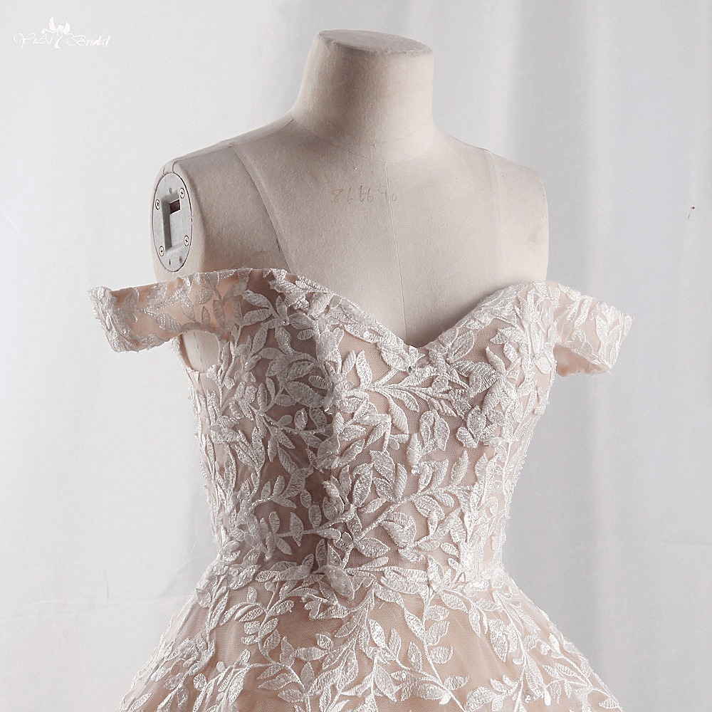 LZ415 Exquisite Lace Beaded Pearls Champagne Wedding Dress Sweetheart Neck Off The Shoulder Long Train Bridal Gowns Plus 10