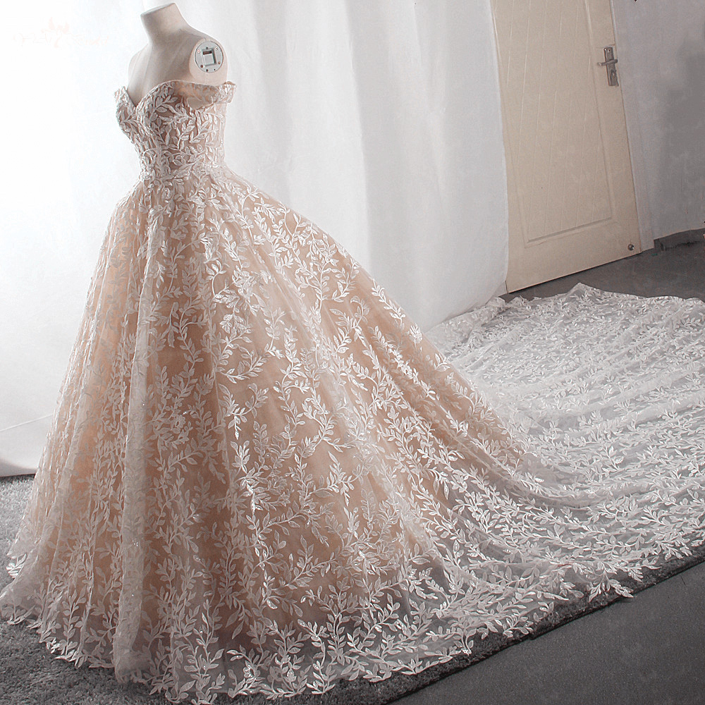 LZ415 Exquisite Lace Beaded Pearls Champagne Wedding Dress Sweetheart Neck Off The Shoulder Long Train Bridal Gowns Plus 9