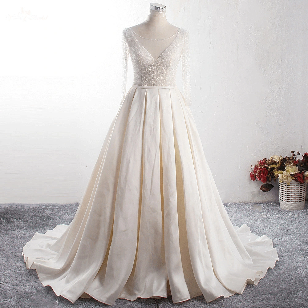 LZ384 Vestido De Noiva Princess Bridal Gown Plus Size Elegant O Neck Long Sleeves Satin Ball Gown Heavy beaded Wedding 1