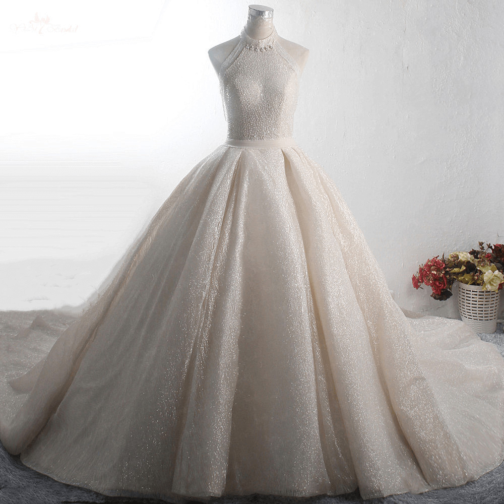 LZ374 Luxury Beaded Tassel Shining High Neck Ball Gown Crystal Sequined Ruffles Wedding Dress Pleat Sashes Puffy Wedding 8