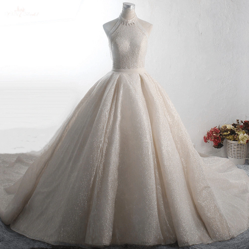 LZ374 Luxury Beaded Tassel Shining High Neck Ball Gown Crystal Sequined Ruffles Wedding Dress Pleat Sashes Puffy Wedding 1