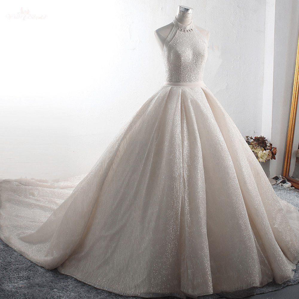 LZ374 Luxury Beaded Tassel Shining High Neck Ball Gown Crystal Sequined Ruffles Wedding Dress Pleat Sashes Puffy Wedding 9