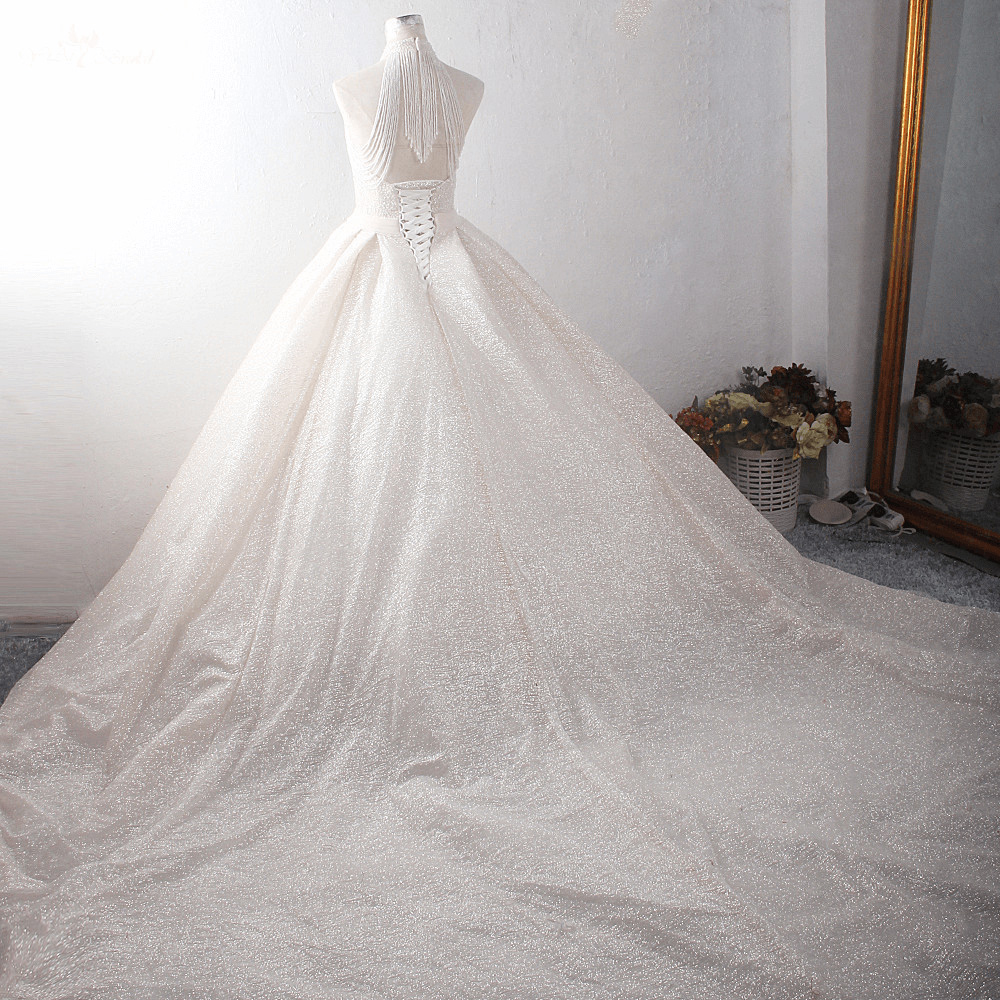 LZ374 Luxury Beaded Tassel Shining High Neck Ball Gown Crystal Sequined Ruffles Wedding Dress Pleat Sashes Puffy Wedding 10