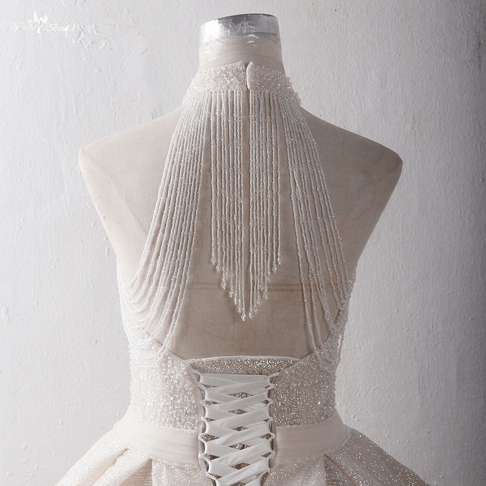 LZ374 Luxury Beaded Tassel Shining High Neck Ball Gown Crystal Sequined Ruffles Wedding Dress Pleat Sashes Puffy Wedding 12