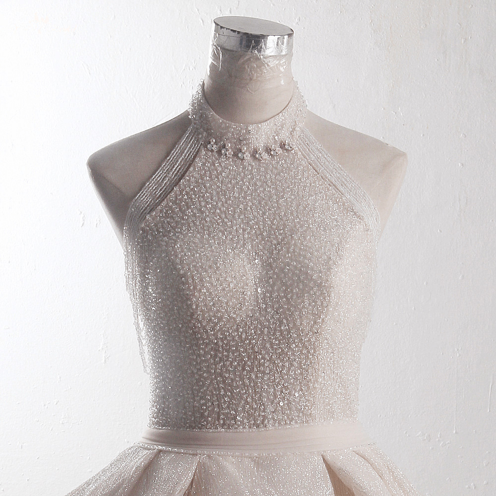 LZ374 Luxury Beaded Tassel Shining High Neck Ball Gown Crystal Sequined Ruffles Wedding Dress Pleat Sashes Puffy Wedding 11