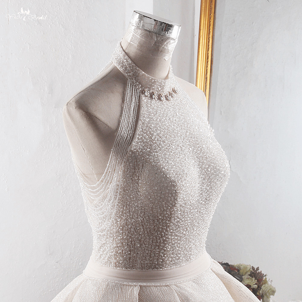 LZ374 Luxury Beaded Tassel Shining High Neck Ball Gown Crystal Sequined Ruffles Wedding Dress Pleat Sashes Puffy Wedding 13
