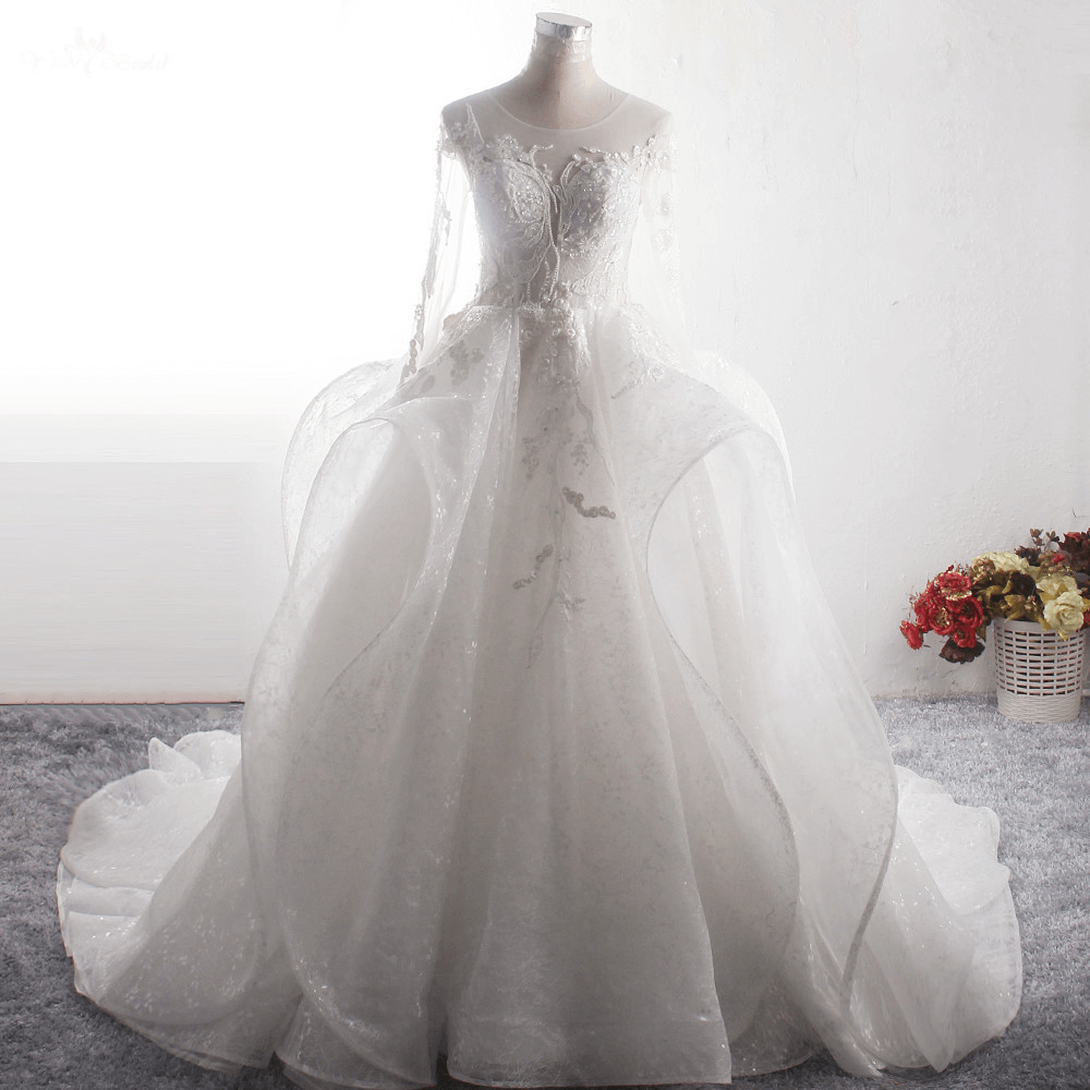 LZ367 O-Neck Long Sleeve Wedding Dress Luxury Heavy Beaded Organza Ball Gown Sexy Illusion Back Bridal Gown 7