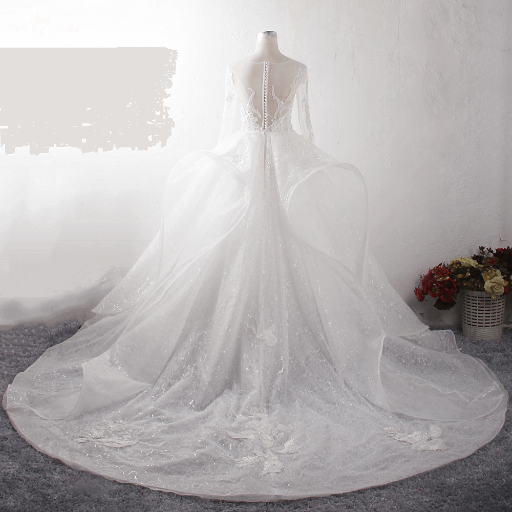 LZ367 O-Neck Long Sleeve Wedding Dress Luxury Heavy Beaded Organza Ball Gown Sexy Illusion Back Bridal Gown 9