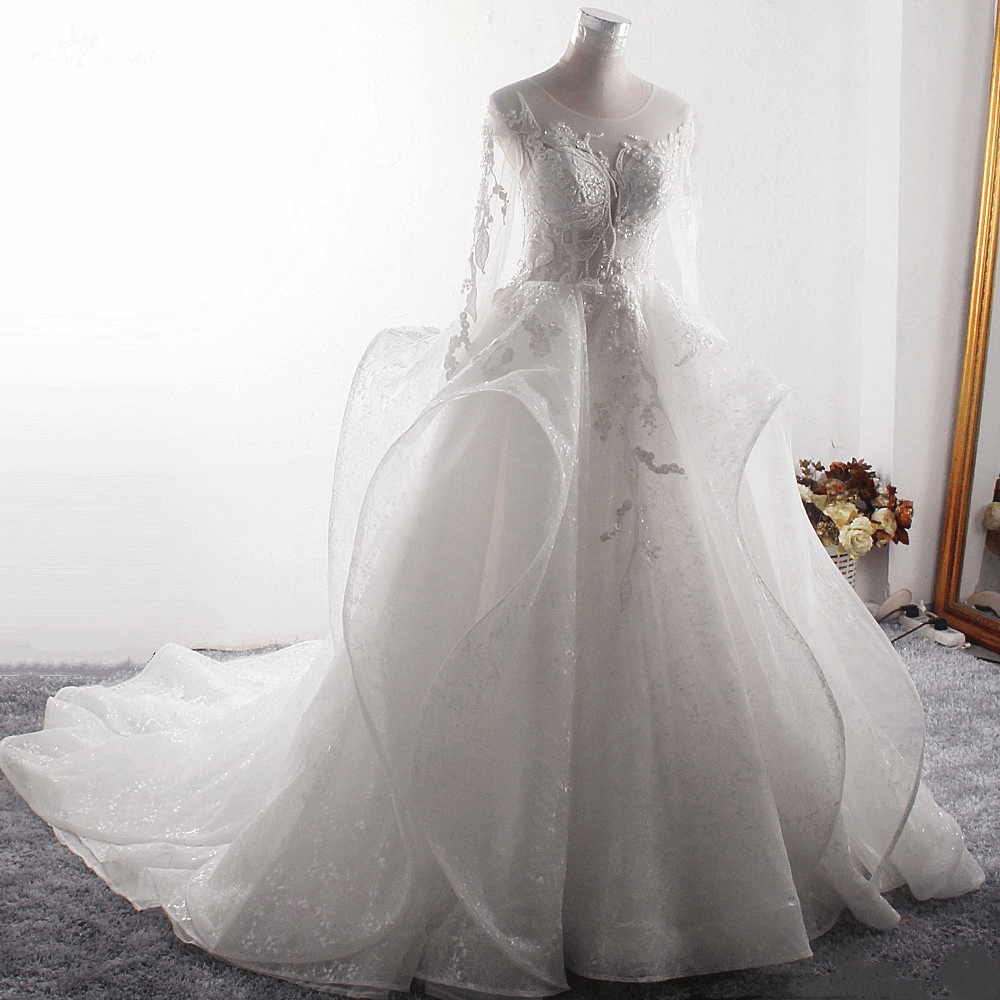 LZ367 O-Neck Long Sleeve Wedding Dress Luxury Heavy Beaded Organza Ball Gown Sexy Illusion Back Bridal Gown 8