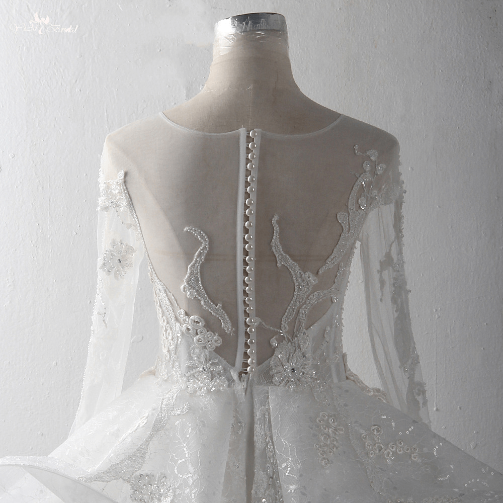 LZ367 O-Neck Long Sleeve Wedding Dress Luxury Heavy Beaded Organza Ball Gown Sexy Illusion Back Bridal Gown 11