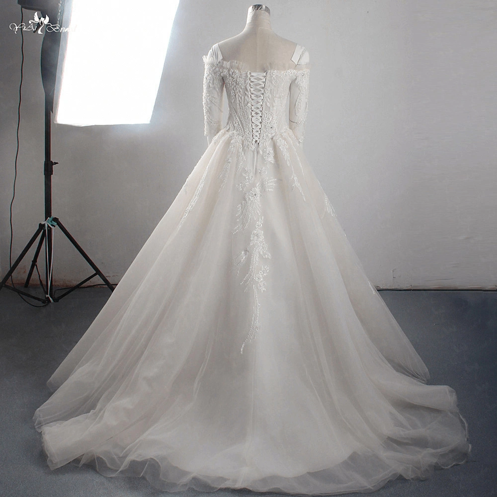 LZ314 Scalloped Neck Three Quarter Sleeve Princess Wedding Dress Heavy Bead Appliques Flowers Organza Ruched Long Bridal 1