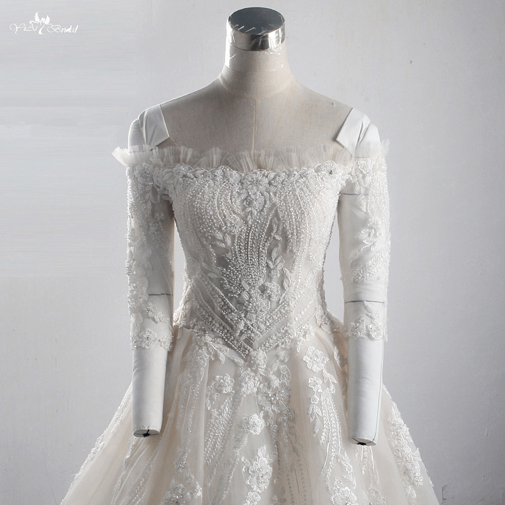 LZ314 Scalloped Neck Three Quarter Sleeve Princess Wedding Dress Heavy Bead Appliques Flowers Organza Ruched Long Bridal 9