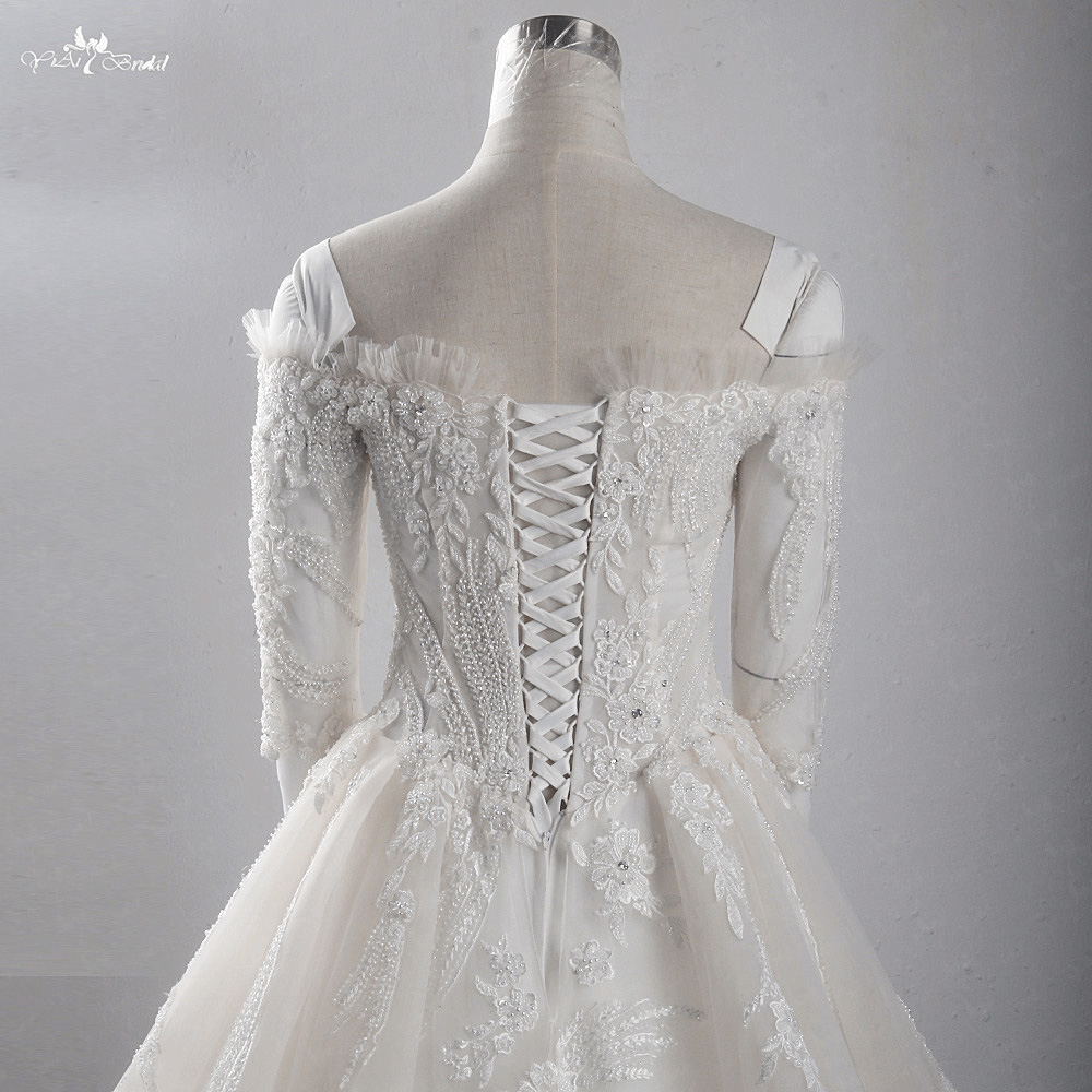 LZ314 Scalloped Neck Three Quarter Sleeve Princess Wedding Dress Heavy Bead Appliques Flowers Organza Ruched Long Bridal 10