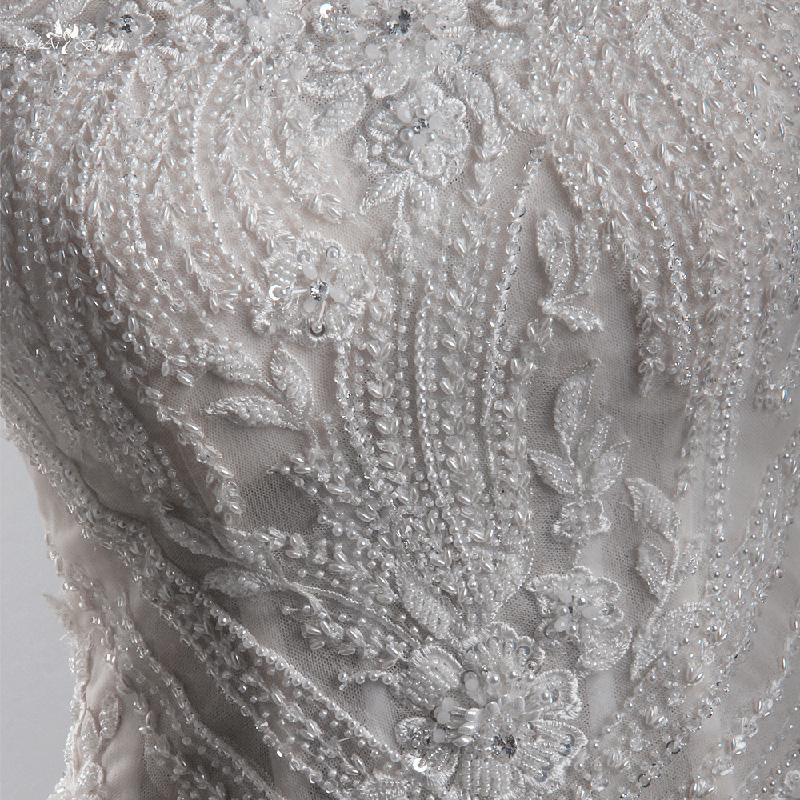 LZ314 Scalloped Neck Three Quarter Sleeve Princess Wedding Dress Heavy Bead Appliques Flowers Organza Ruched Long Bridal 11