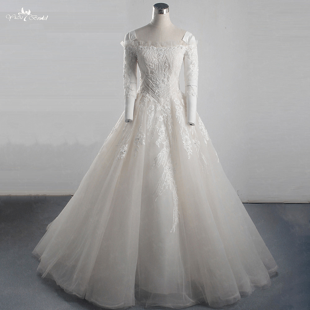 LZ314 Scalloped Neck Three Quarter Sleeve Princess Wedding Dress Heavy Bead Appliques Flowers Organza Ruched Long Bridal 6