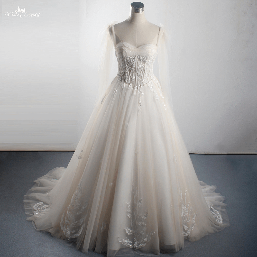 LZ311 Light Champagne Glitter Sequined Appliques Wedding Dress Bead Pleat Sweetheart Bridal Gown Bow Ribbons Sleeveless 7