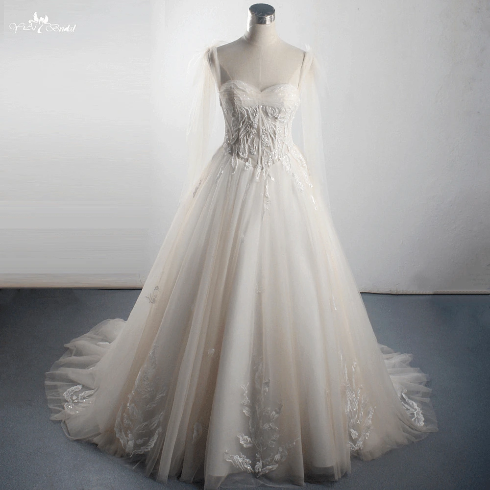 LZ311 Light Champagne Glitter Sequined Appliques Wedding Dress Bead Pleat Sweetheart Bridal Gown Bow Ribbons Sleeveless 1