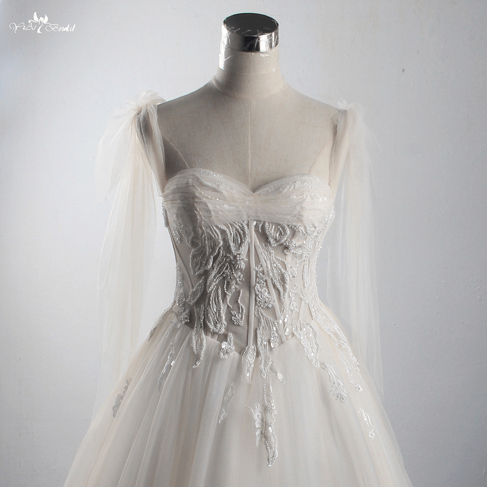 LZ311 Light Champagne Glitter Sequined Appliques Wedding Dress Bead Pleat Sweetheart Bridal Gown Bow Ribbons Sleeveless 10