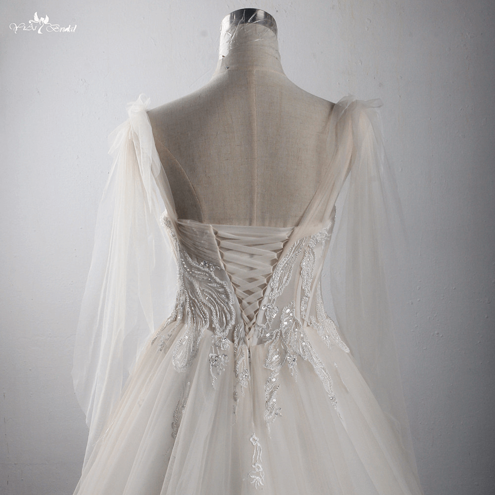 LZ311 Light Champagne Glitter Sequined Appliques Wedding Dress Bead Pleat Sweetheart Bridal Gown Bow Ribbons Sleeveless 11