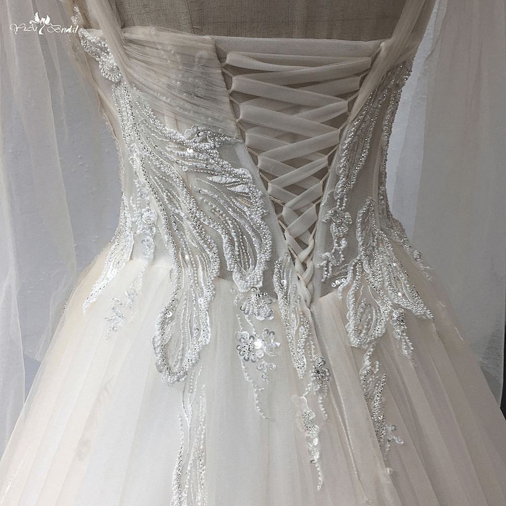 LZ311 Light Champagne Glitter Sequined Appliques Wedding Dress Bead Pleat Sweetheart Bridal Gown Bow Ribbons Sleeveless 12