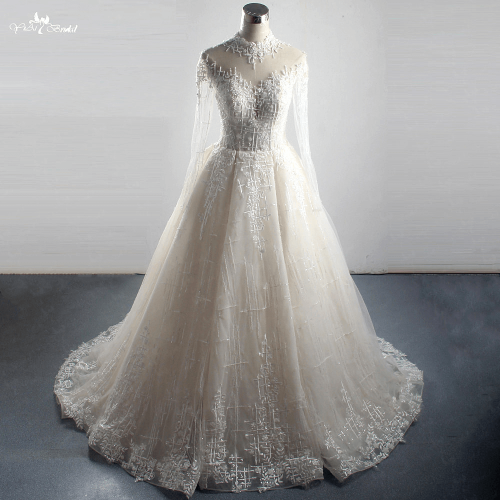 LZ304 Luxury Heavy Bead Long Sleeve Wedding Dress Glittering Appliques Sequined Ball Gown High Collar Backless Bridal Dr 7