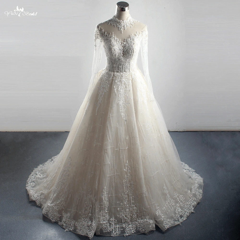 LZ304 Luxury Heavy Bead Long Sleeve Wedding Dress Glittering Appliques Sequined Ball Gown High Collar Backless Bridal Dr 1