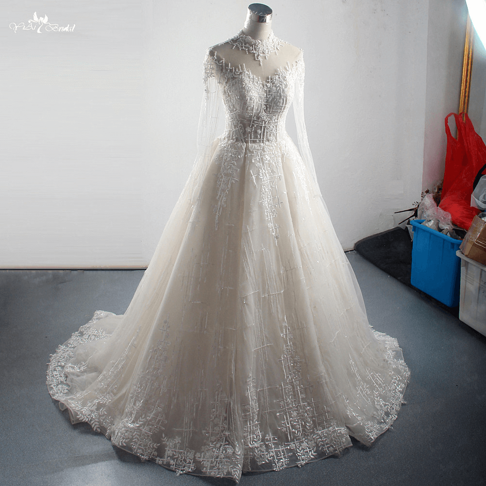 LZ304 Luxury Heavy Bead Long Sleeve Wedding Dress Glittering Appliques Sequined Ball Gown High Collar Backless Bridal Dr 10