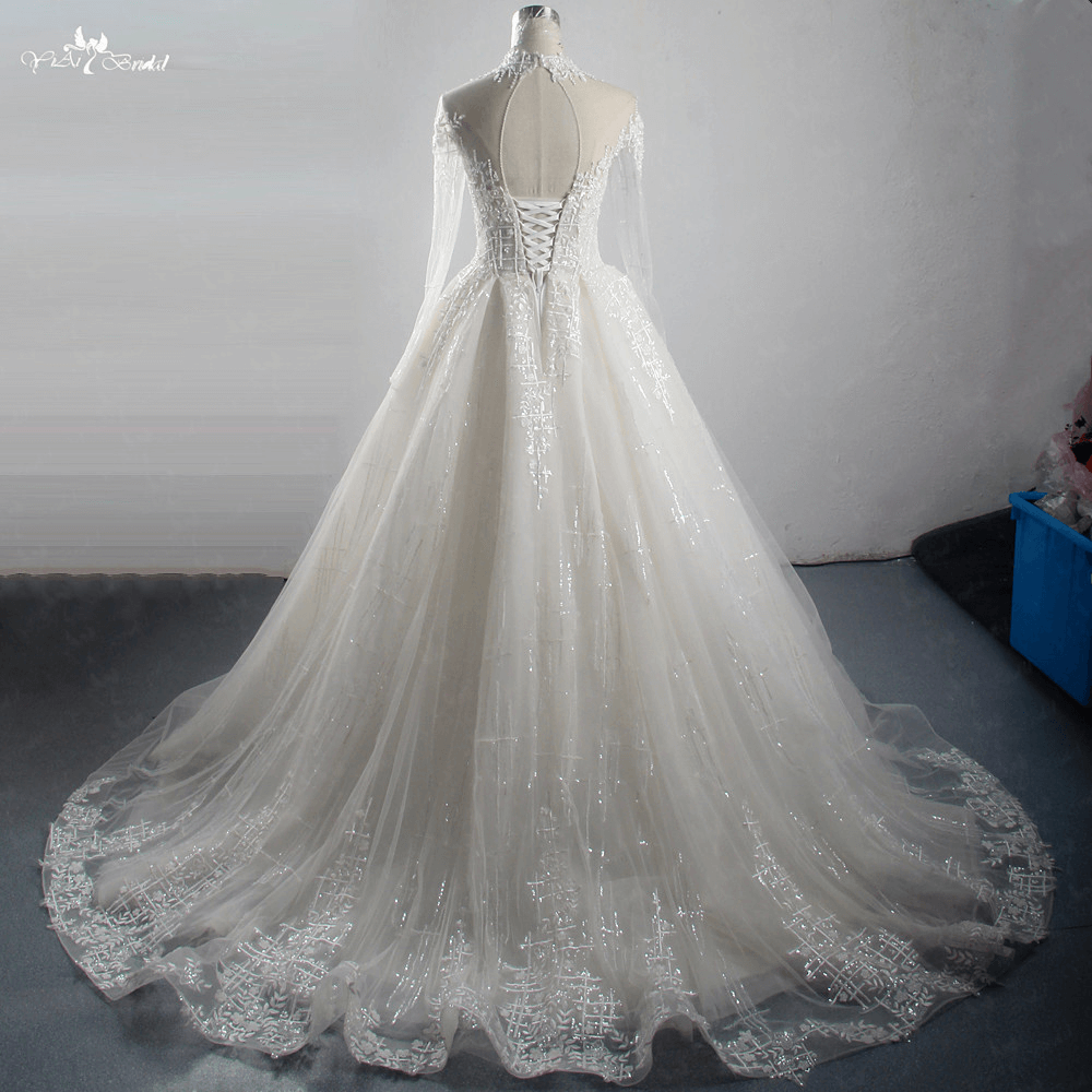 LZ304 Luxury Heavy Bead Long Sleeve Wedding Dress Glittering Appliques Sequined Ball Gown High Collar Backless Bridal Dr 8