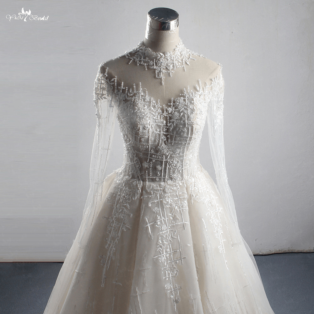 LZ304 Luxury Heavy Bead Long Sleeve Wedding Dress Glittering Appliques Sequined Ball Gown High Collar Backless Bridal Dr 9