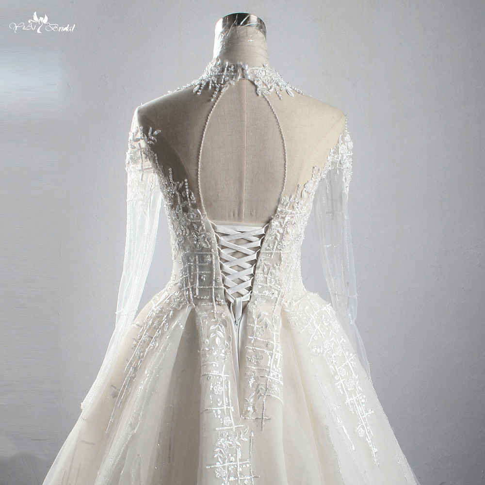 LZ304 Luxury Heavy Bead Long Sleeve Wedding Dress Glittering Appliques Sequined Ball Gown High Collar Backless Bridal Dr 11